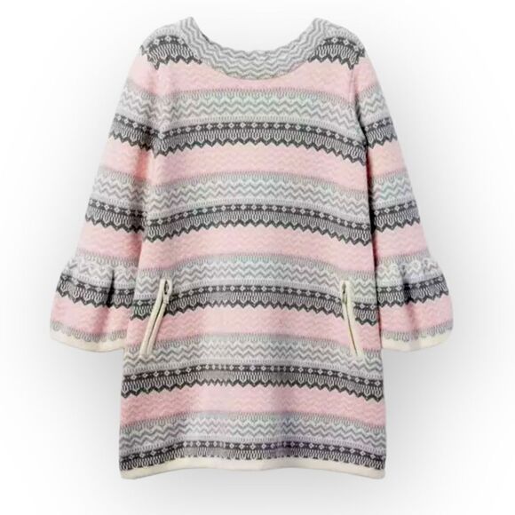 Janie and Jack Fair Isle Sweater Dress Pink Gray Bell Sleeve Zip Pockets Size 4 - Picture 1 of 10